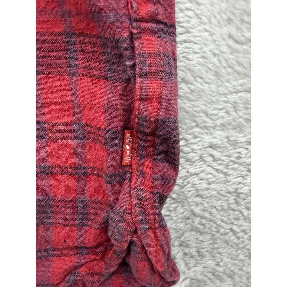 Levis Mens Size Medium Button Up Plaid Cotton Polyester Red Camisa Short Sleeve